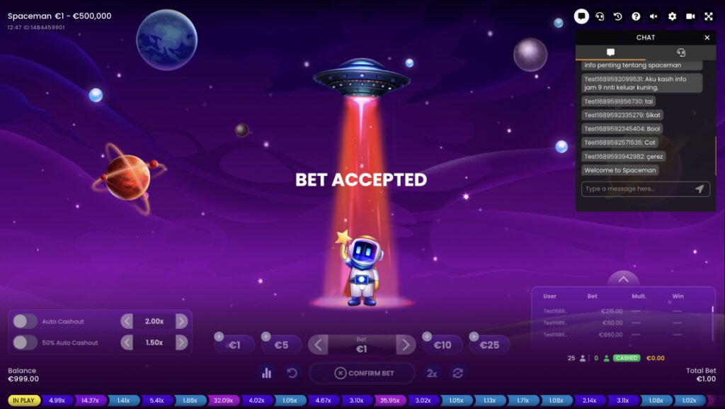 Spaceman celebrating with Bet Accepted message at Crashbetwin Casino